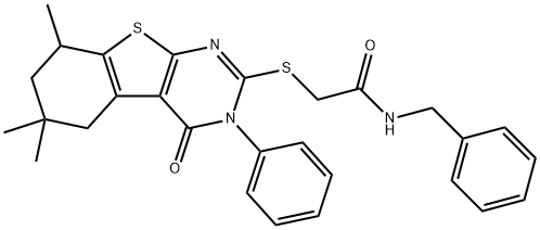 N-benzyl-2-[(6,6,8-trimethyl-4-oxo-3-phenyl-7,8-dihydro-5H-[1]benzothiolo[2,3-d]pyrimidin-2-yl)sulfanyl]acetamide Struktur