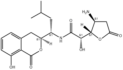 D-ribo-Hexonic acid, 3-amino-2,3,6-trideoxy-6-[[(1S)-1-[(3S)-3,4-dihydro-8-hydroxy-1-oxo-1H-2-benzopyran-3-yl]-3-methylbutyl]amino]-6-oxo-, γ-lactone Struktur