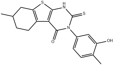 3-(3-hydroxy-4-methylphenyl)-7-methyl-2-sulfanylidene-5,6,7,8-tetrahydro-1H-[1]benzothiolo[2,3-d]pyrimidin-4-one Struktur