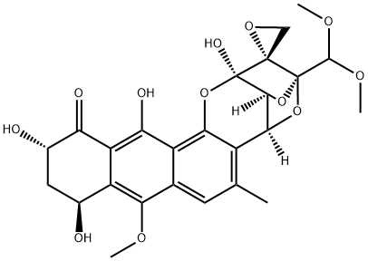 Spiro[2,13-methano-10H-anthra[1,2-b]-1,3-dioxolo[4,5-d]pyran-14,2'-oxiran]-10-one, 2-(dimethoxymethyl)-3a,7,8,9,13,13a-hexahydro-7,9,11,13-tetrahydroxy-6-methoxy-4-methyl-, (2R,2'S,3aS,7S,9S,13R,13aS)- Struktur