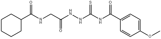 N-[(2-{[(cyclohexylcarbonyl)amino]acetyl}hydrazino)carbonothioyl]-4-methoxybenzamide (non-preferred name) Struktur