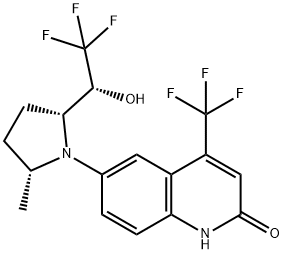 2(1H)-Quinolinone, 6-[(2R,5R)-2-methyl-5-[(1R)-2,2,2-trifluoro-1-hydroxyethyl]-1-pyrrolidinyl]-4-(trifluoromethyl)- Struktur