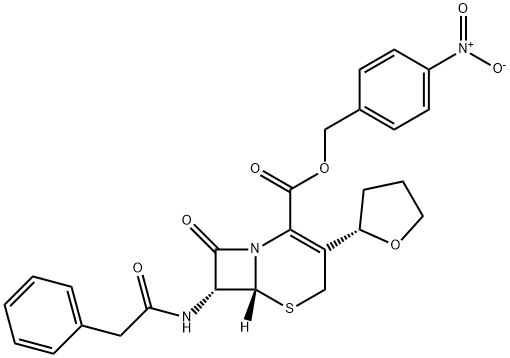 5-Thia-1-azabicyclo[4.2.0]oct-2-ene-2-carboxylic acid, 8-oxo-7-[(2-phenylacetyl)amino]-3-[(2S)-tetrahydro-2-furanyl]-, (4-nitrophenyl)methyl ester, (6R,7R)- Struktur