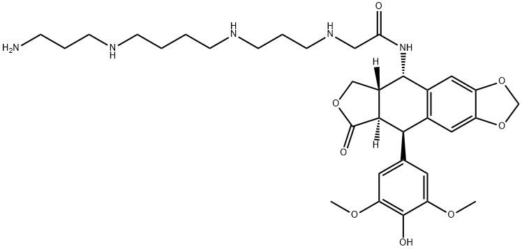 Acetamide, 2-[[3-[[4-[(3-aminopropyl)amino]butyl]amino]propyl]amino]-N-[(5S,5aS,8aR,9R)-5,5a,6,8,8a,9-hexahydro-9-(4-hydroxy-3,5-dimethoxyphenyl)-8-oxofuro[3',4':6,7]naphtho[2,3-d]-1,3-dioxol-5-yl]- Struktur