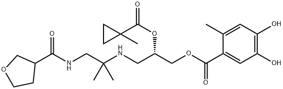 Benzoic acid, 4,5-dihydroxy-2-methyl-, (2S)-3-[[1,1-dimethyl-2-[[(tetrahydro-3-furanyl)carbonyl]amino]ethyl]amino]-2-[[(1-methylcyclopropyl)carbonyl]oxy]propyl ester Struktur