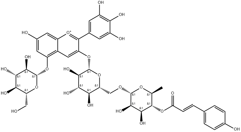 Delphinidin 3-(trans-coumaroyl)rutinoside 5-glucoside Struktur