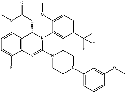 4-Quinazolineacetic acid, 8-fluoro-3,4-dihydro-2-[4-(3-methoxyphenyl)-1-piperazinyl]-3-[2-methoxy-5-(trifluoromethyl)phenyl]-, methyl ester, (4S)- Struktur