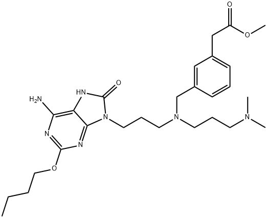 Benzeneacetic acid, 3-[[[3-(6-amino-2-butoxy-7,8-dihydro-8-oxo-9H-purin-9-yl)propyl][3-(dimethylamino)propyl]amino]methyl]-, methyl ester Struktur