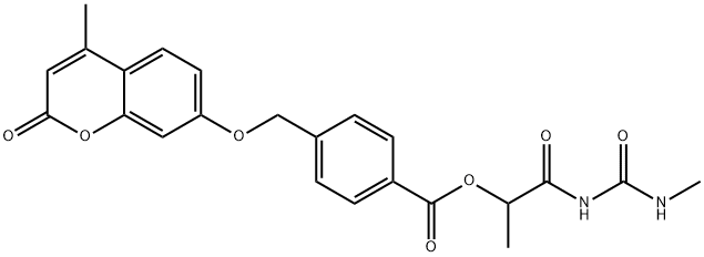 Benzoic acid, 4-[[(4-methyl-2-oxo-2H-1-benzopyran-7-yl)oxy]methyl]-, 1-methyl-2-[[(methylamino)carbonyl]amino]-2-oxoethyl ester Struktur