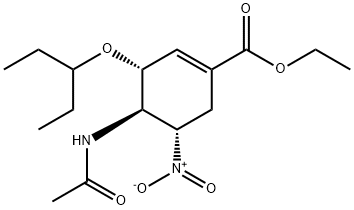 1-Cyclohexene-1-carboxylic acid, 4-(acetylamino)-3-(1-ethylpropoxy)-5-nitro-, ethyl ester, (3R,4R,5S)- Struktur