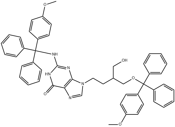 6H-Purin-6-one, 1,9-dihydro-9-[4-hydroxy-3-[[(4-methoxyphenyl)diphenylmethoxy]methyl]butyl]-2-[[(4-methoxyphenyl)diphenylmethyl]amino]- Struktur