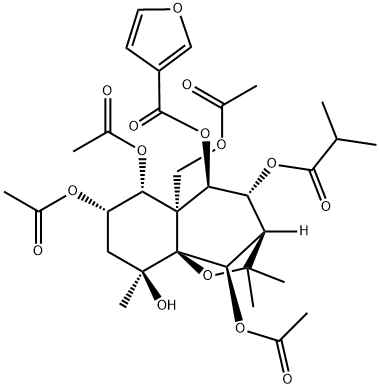 3-Furancarboxylic acid, (3R,4R,5R,5aS,6R,7S,9S,9aS,10R)-6,7,10-tris(acetyloxy)-5a-[(acetyloxy)methyl]octahydro-9-hydroxy-2,2,9-trimethyl-4-(2-methyl-1-oxopropoxy)-2H-3,9a-methano-1-benzoxepin-5-yl ester Struktur