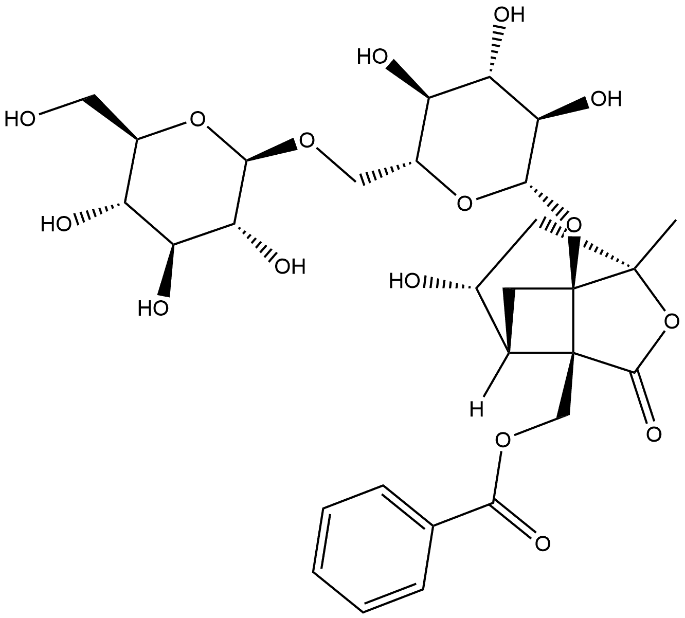 7-Oxatricyclo[4.3.0.03,9]nonan-8-one, 9-[(benzoyloxy)methyl]-1-[(6-O-β-D-glucopyranosyl-β-D-glucopyranosyl)oxy]-4-hydroxy-6-methyl-, (1R,3R,4R,6S,9S)- Struktur