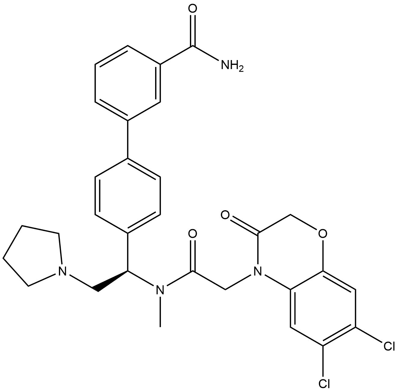 N-[(1R)-1-[3′-(Aminocarbonyl)[1,1′-biphenyl]-4-yl]-2-(1-pyrrolidinyl)ethyl]-6,7-dichloro-2,3-dihydro-N-methyl-3-oxo-4H-1,4-benzoxazine-4-acetamide Struktur