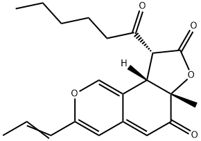 6H-Furo[2,3-h]-2-benzopyran-6,8(6aH)-dione, 9,9a-dihydro-6a-methyl-9-(1-oxohexyl)-3-(1E)-1-propen-1-yl-, (6aS,9R,9aS)- Struktur