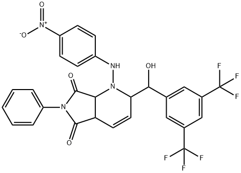 1H-Pyrrolo[3,4-b]pyridine-5,7(2H,6H)-dione, 2-[[3,5-bis(trifluoromethyl)phenyl]hydroxymethyl]-4a,7a-dihydro-1-[(4-nitrophenyl)amino]-6-phenyl- Struktur