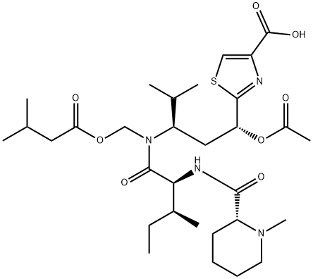 2-[(1R,3R)-1-(Acetyloxy)-4-methyl-3-[[(2S,3S)-3-methyl-2-[[[(2R)-1-methyl-2-piperidinyl]carbonyl]amino]-1-oxopentyl][(3-methyl-1-oxobutoxy)methyl]amino]pentyl]-4-thiazolecarboxylic acid Struktur