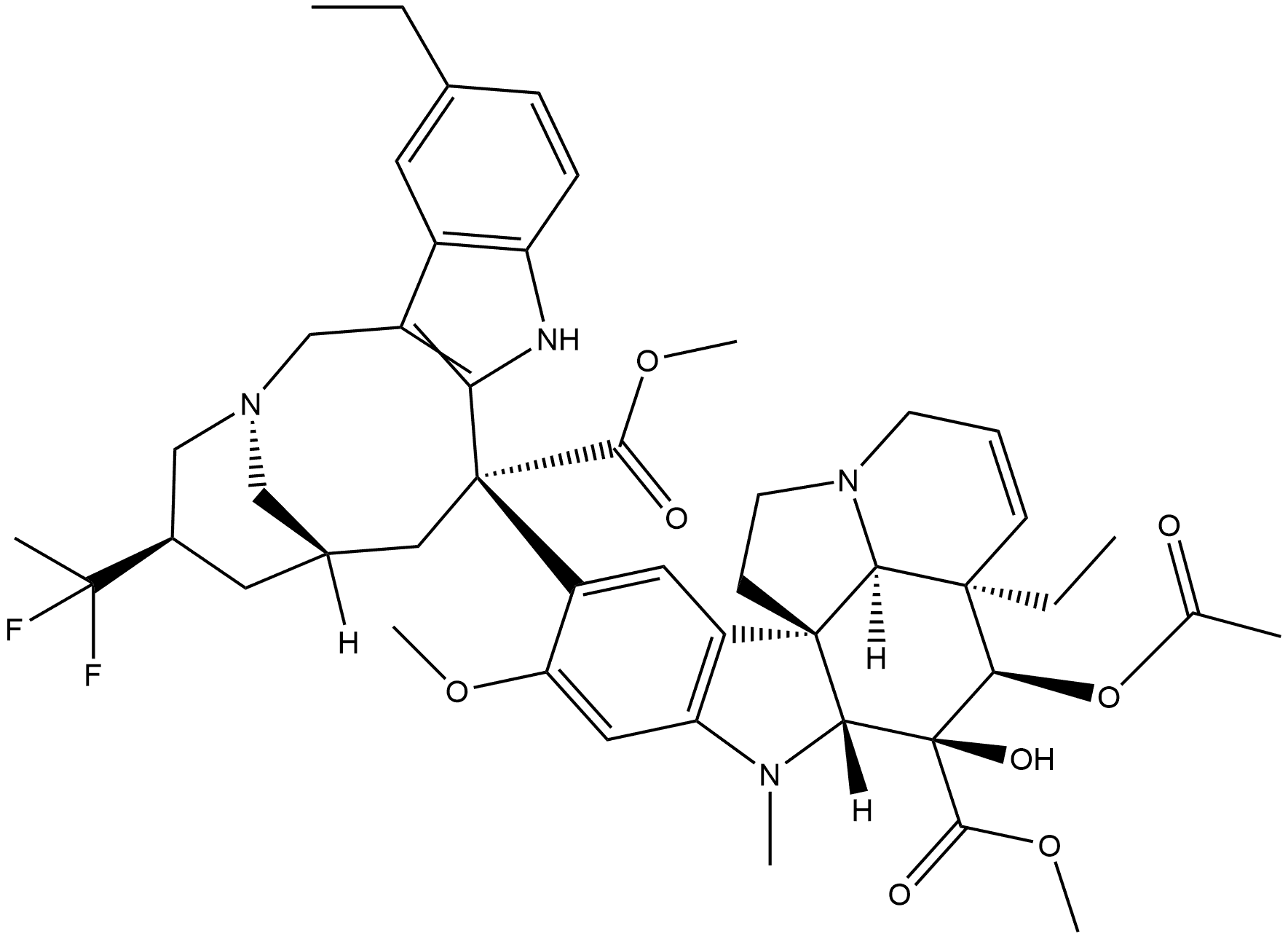 Aspidospermidine-3-carboxylic acid, 4-(acetyloxy)-6,7-didehydro-15-[(2R,4R,6S,8S)-4-(1,1-difluoroethyl)-12-ethyl-1,3,4,5,6,7,8,9-octahydro-8-(methoxycarbonyl)-2,6-methano-2H-azecino[4,3-b]indol-8-yl]-3-hydroxy-16-methoxy-1-methyl-, methyl ester, (2β,3β,4β,5α,12R,19α)- Struktur