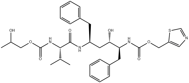 12-Oxa-2,7,10-triazapentadecanoic acid, 4,14-dihydroxy-9-(1-methylethyl)-8,11-dioxo-3,6-bis(phenylmethyl)-, 5-thiazolylmethyl ester, (3S,4S,6S,9S)- Struktur