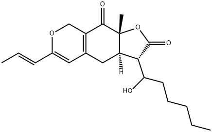 2H-Furo[3,2-g][2]benzopyran-2,9(3H)-dione, 3a,4,8,9a-tetrahydro-3-(1-hydroxyhexyl)-9a-methyl-6-(1E)-1-propen-1-yl-, (3S,3aR,9aR)- Struktur