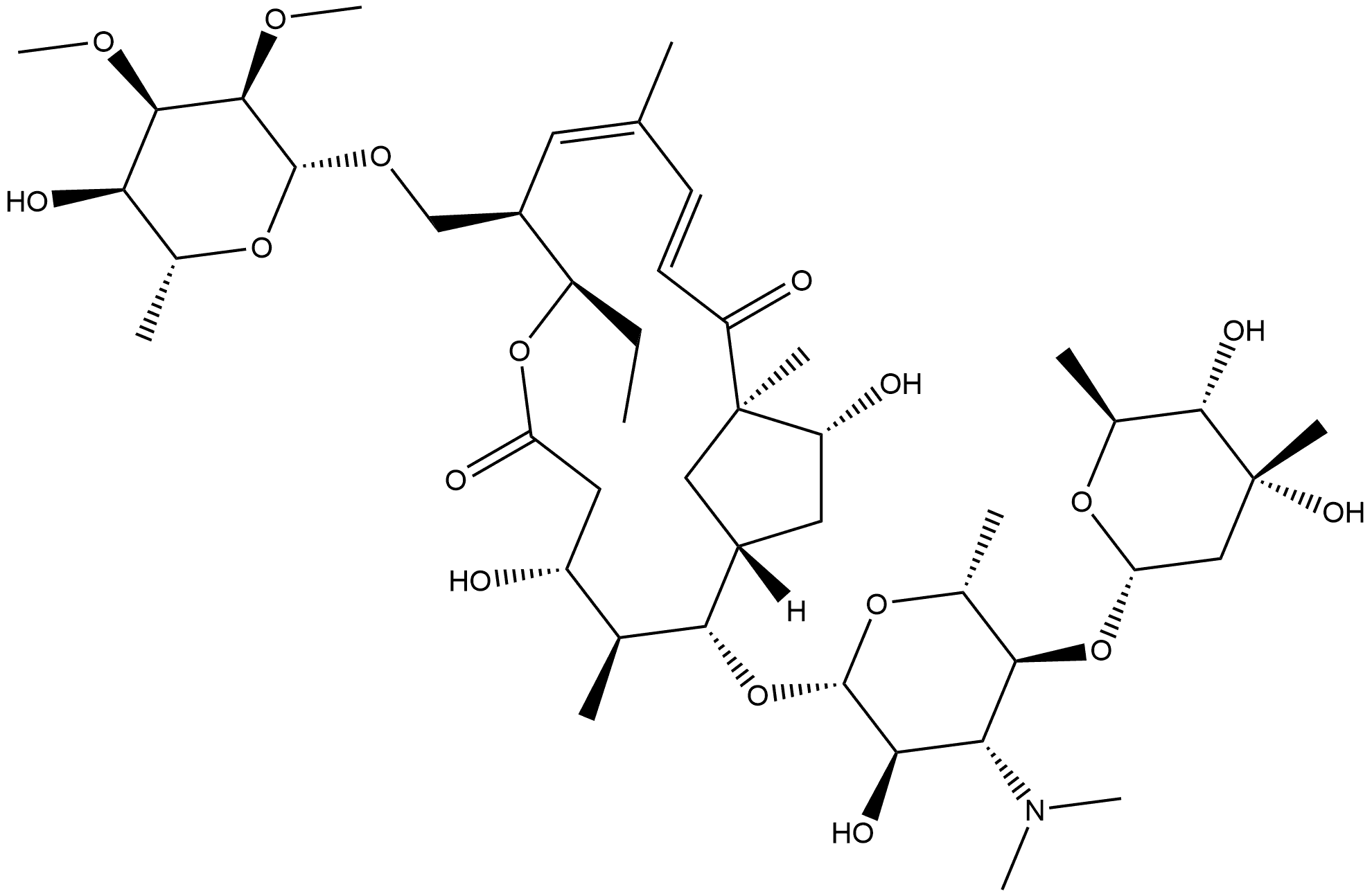 7-Oxabicyclo[13.2.1]octadeca-10,12-diene-6,14-dione, 9-[[(6-deoxy-2,3-di-O-methyl-β-D-allopyranosyl)oxy]methyl]-2-[[3,6-dideoxy-4-O-(2,6-dideoxy-3-C-methyl-α-L-ribo-hexopyranosyl)-3-(dimethylamino)-β-D-glucopyranosyl]oxy]-8-ethyl-4,16-dihydroxy-3,11,15-trimethyl-, (1R,2S,3S,4R,8R,9R,10Z,12E,15R,16R)- Struktur