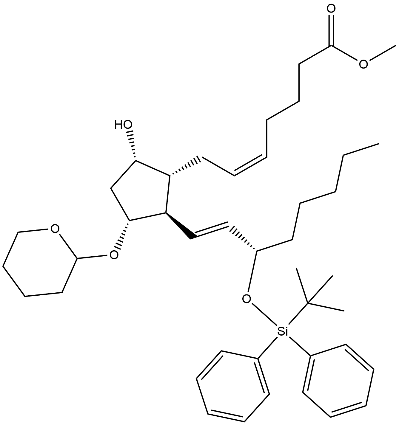 Prosta-5,13-dien-1-oic acid, 15-[[(1,1-dimethylethyl)diphenylsilyl]oxy]-9-hydroxy-11-[(tetrahydro-2H-pyran-2-yl)oxy]-, methyl ester, (5Z,9α,11α,13E,15S)- (9CI) Struktur