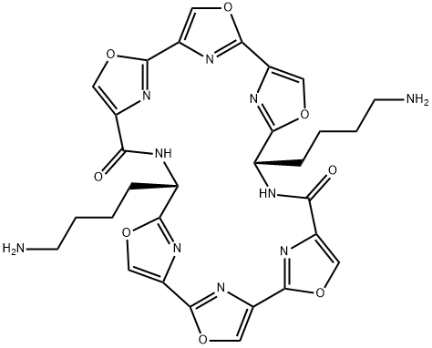 3,7,14,18,22,29-Hexaoxa-11,26,31,32,33,34,35,36-octaazaheptacyclo[26.2.1.12,5.16,9.113,16.117,20.121,24]hexatriaconta-2(36),4,6(35),8,13(34),15,17(33),19,21(32),23,28(31),30-dodecaene-10,25-dione, 12,27-bis(4-aminobutyl)-, (12S,27S)- Struktur