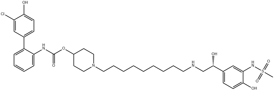 Carbamic acid, N-(3'-chloro-4'-hydroxy[1,1'-biphenyl]-2-yl)-, 1-[9-[[(2R)-2-hydroxy-2-[4-hydroxy-3-[(methylsulfonyl)amino]phenyl]ethyl]amino]nonyl]-4-piperidinyl ester Struktur