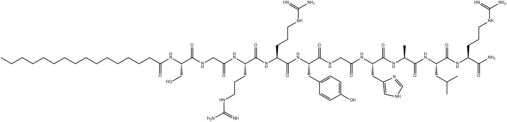 L-Argininamide, N-(1-oxohexadecyl)-L-serylglycyl-L-arginyl-L-arginyl-L-tyrosylglycyl-L-histidyl-L-alanyl-L-leucyl- Struktur