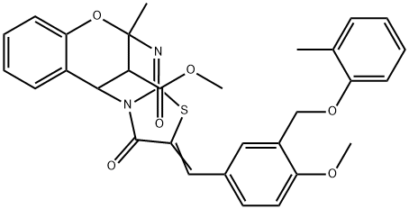 methyl 1~2~-{4-methoxy-3-[(2-methylphenoxy)methyl]benzylidene}-1~7~-methyl-1~3~-oxo-1~2~,1~3~,1~6~,1~7~-tetrahydro-3(1,2)-benza-2-oxa-1(5,7)-1~5~H-[1,3]thiazolo[3,2-a]pyrimidinacyclopropaphane-1~6~-ca
rboxylate Struktur