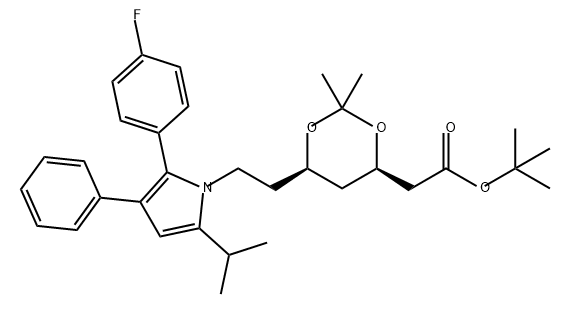 1,3-Dioxane-4-acetic acid, 6-[2-[2-(4-fluorophenyl)-5-(1-methylethyl)-3-phenyl-1H-pyrrol-1-yl]ethyl]-2,2-dimethyl-, 1,1-dimethylethyl ester, (4R,6R)- Struktur