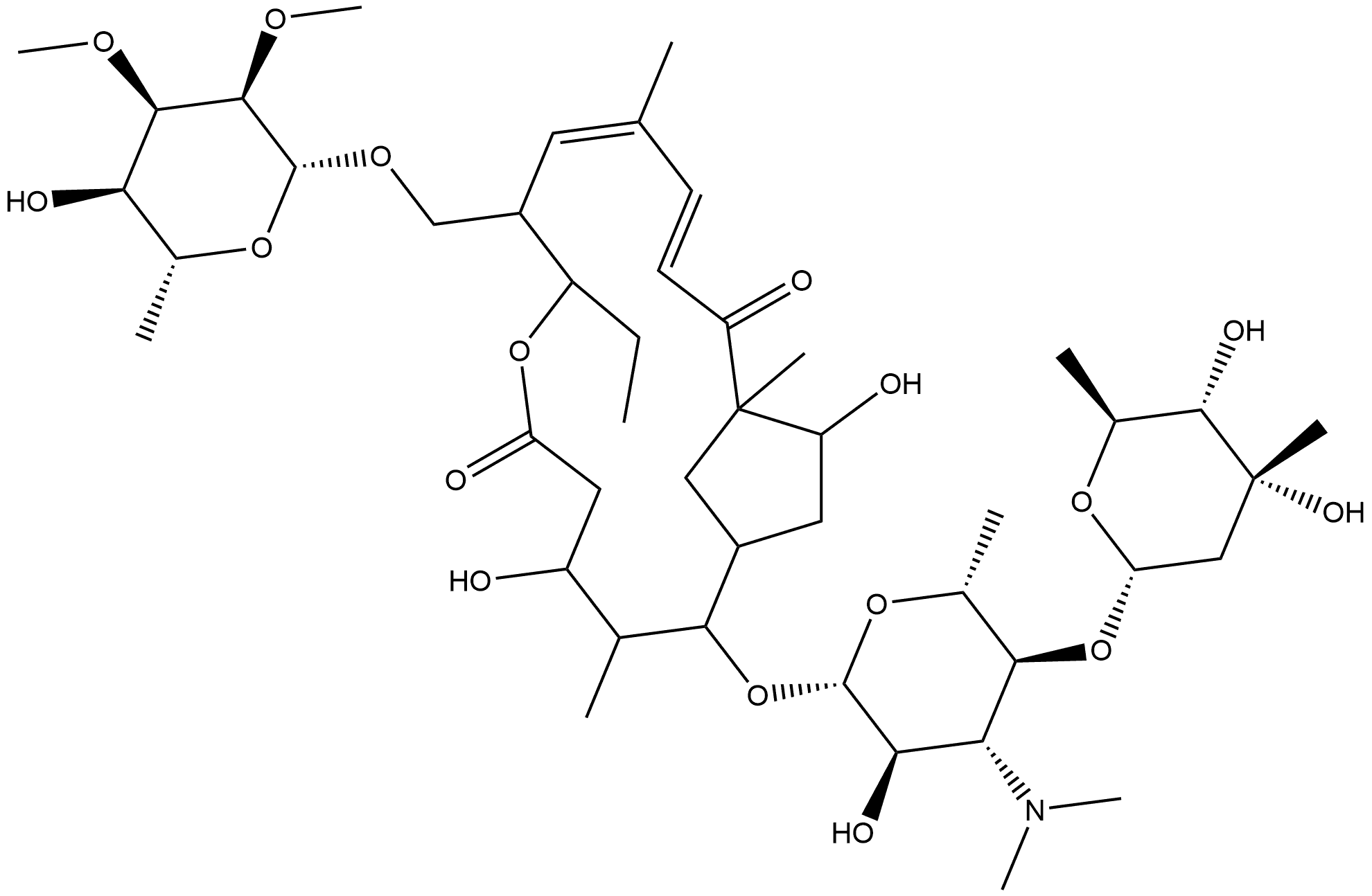 7-Oxabicyclo[13.2.1]octadeca-10,12-diene-6,14-dione, 9-[[(6-deoxy-2,3-di-O-methyl-β-D-allopyranosyl)oxy]methyl]-2-[[3,6-dideoxy-4-O-(2,6-dideoxy-3-C-methyl-α-L-ribo-hexopyranosyl)-3-(dimethylamino)-β-D-glucopyranosyl]oxy]-8-ethyl-4,16-dihydroxy-3,11,15-trimethyl- (9CI) Struktur