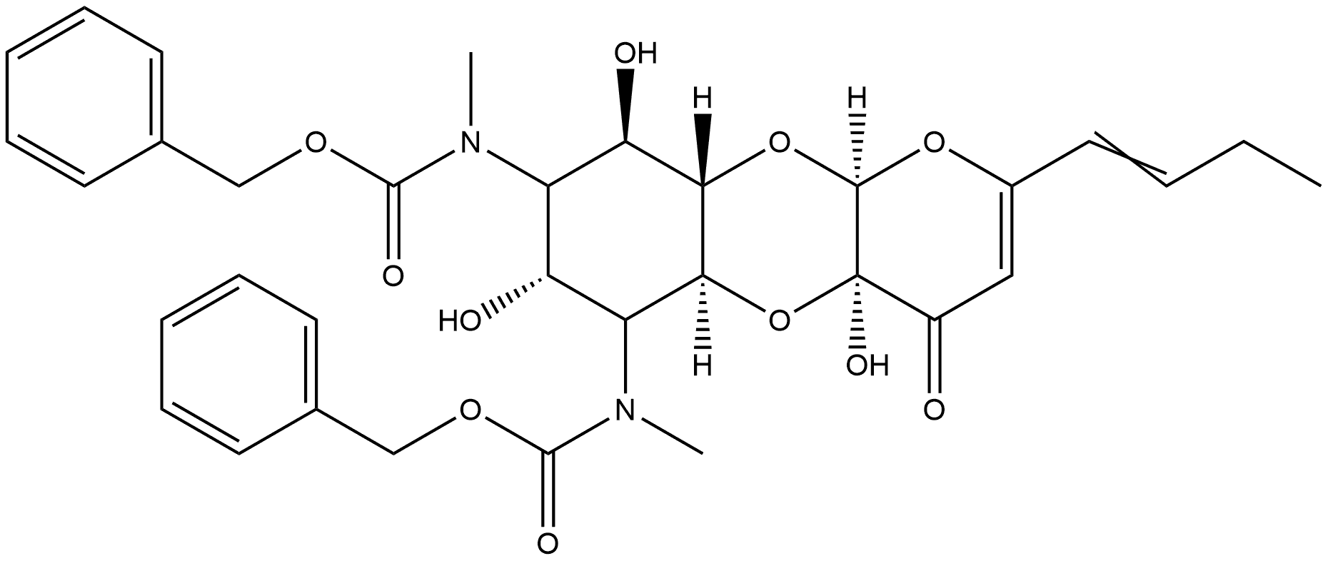 Carbamic acid, [2-(1-butenyl)-4a,5a,6,7,8,9,9a,10a-octahydro-4a,7,9-trihydroxy-4-oxo-4H-pyrano[2,3-b][1,4]benzodioxin-6,8-diyl]bis[methyl-, bis(phenylmethyl) ester, [4aR-(4aα,5aα,6α,7α,8α,9β,9aβ,10aα)]- (9CI)