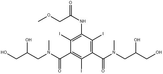 N1,N3-bis(2,3-dihydroxypropyl)-2,4,6-triiodo-5-(2-methoxyacetamido)-N1,N3-dimethylisophthalamide Struktur