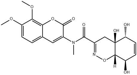 4H-1,2-Benzoxazine-3-carboxamide, N-(7,8-dimethoxy-2-oxo-2H-1-benzopyran-3-yl)-4a,5,8,8a-tetrahydro-4a,5,8-trihydroxy-N-methyl-, (4aS,5R,8R,8aS)- Struktur