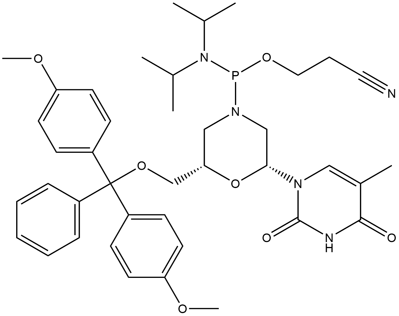 Phosphonamidous acid, P-[(2S,6R)-2-[[bis(4-methoxyphenyl)phenylmethoxy]methyl]-6-(3,4-dihydro-5-methyl-2,4-dioxo-1(2H)-pyrimidinyl)-4-morpholinyl]-N,N-bis(1-methylethyl)-, 2-cyanoethyl ester Struktur