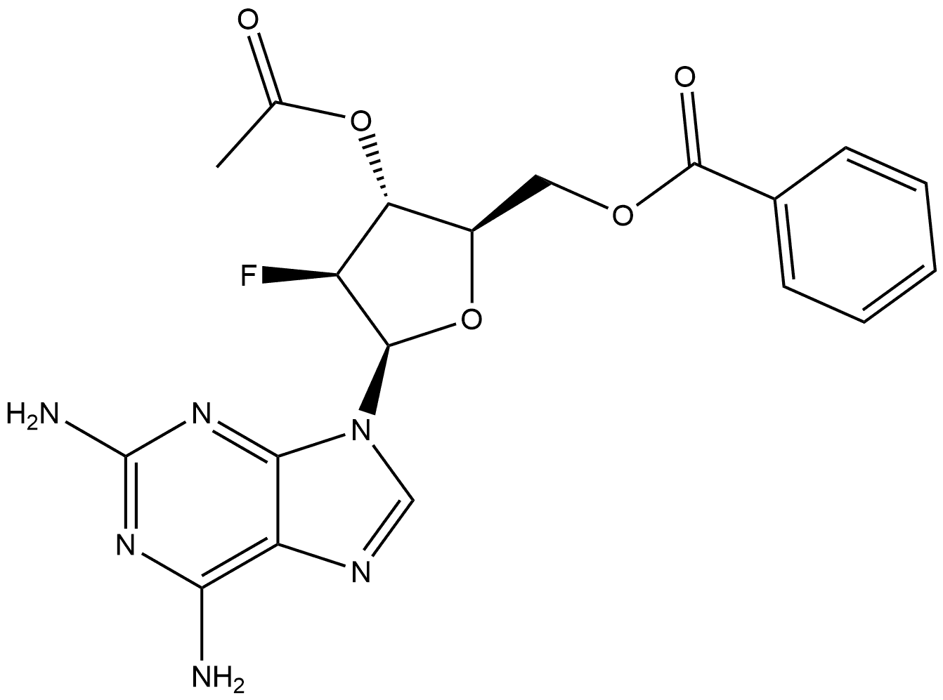 9H-Purine-2,6-diamine, 9-(3-O-acetyl-5-O-benzoyl-2-deoxy-2-fluoro-β-D-arabinofuranosyl)- Struktur