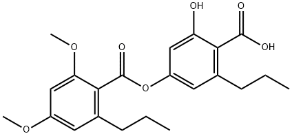 Benzoic acid, 2,4-dimethoxy-6-propyl-, 4-carboxy-3-hydroxy-5-propylphenyl ester Struktur