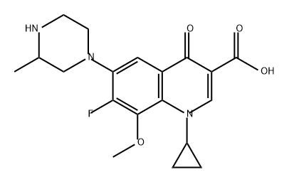 3-Quinolinecarboxylic acid, 1-cyclopropyl-7-fluoro-1,4-dihydro-8-methoxy-6-(3-methyl-1-piperazinyl)-4-oxo- Struktur