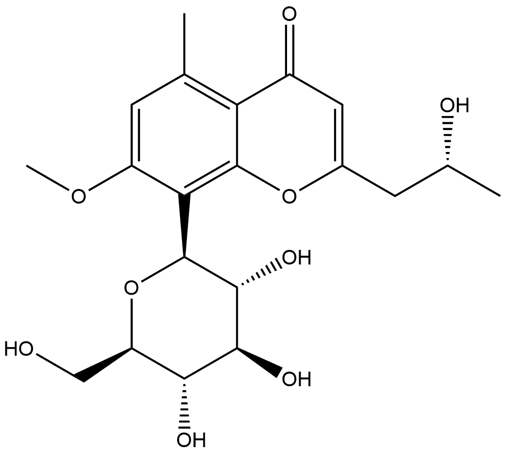 4H-1-Benzopyran-4-one, 8-β-D-glucopyranosyl-2-[(2R)-2-hydroxypropyl]-7-methoxy-5-methyl- Struktur