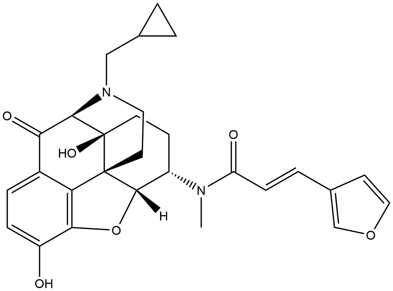 2-Propenamide, N-[(5α,6β)-17-(cyclopropylmethyl)-4,5-epoxy-3,14-dihydroxy-10-oxomorphinan-6-yl]-3-(3-furanyl)-N-methyl-, (2E)- Struktur