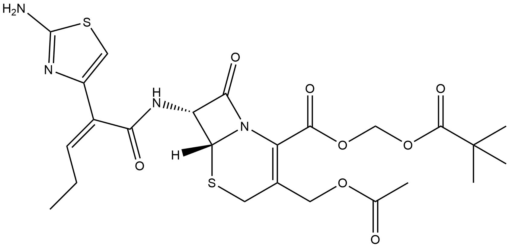 5-Thia-1-azabicyclo[4.2.0]oct-2-ene-2-carboxylic acid, 3-[(acetyloxy)methyl]-7-[[2-(2-amino-4-thiazolyl)-1-oxo-2-pentenyl]amino]-8-oxo-, (2,2-dimethyl-1-oxopropoxy)methyl ester, [6R-[6α,7β(Z)]]- (9CI) Struktur