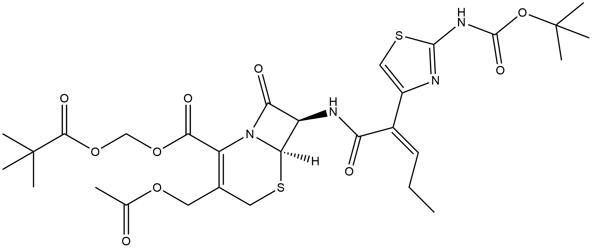 5-Thia-1-azabicyclo[4.2.0]oct-2-ene-2-carboxylic acid, 3-[(acetyloxy)methyl]-7-[[2-[2-[[(1,1-dimethylethoxy)carbonyl]amino]-4-thiazolyl]-1-oxo-2-pentenyl]amino]-8-oxo-, (2,2-dimethyl-1-oxopropoxy)methyl ester, [6R-[6α,7β(Z)]]- (9CI) Struktur