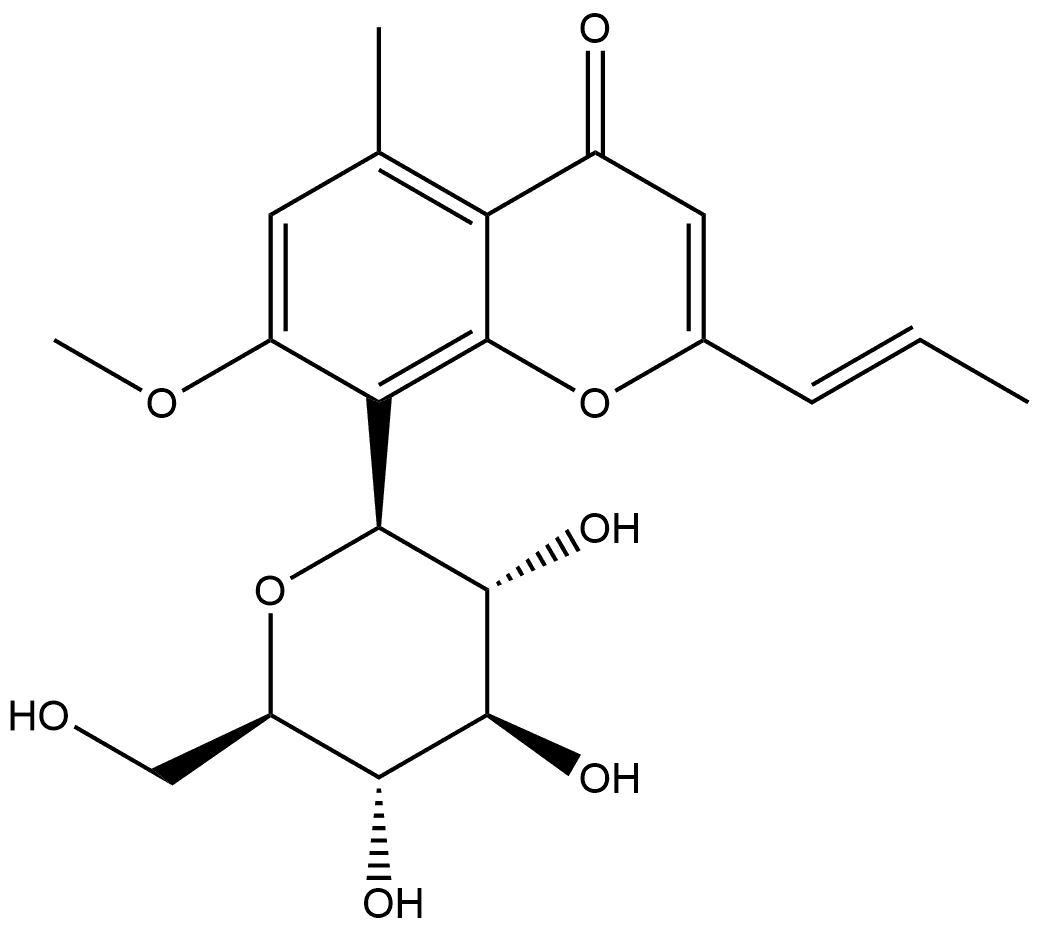 4H-1-Benzopyran-4-one, 8-β-D-glucopyranosyl-7-methoxy-5-methyl-2-(1E)-1-propen-1-yl- Struktur