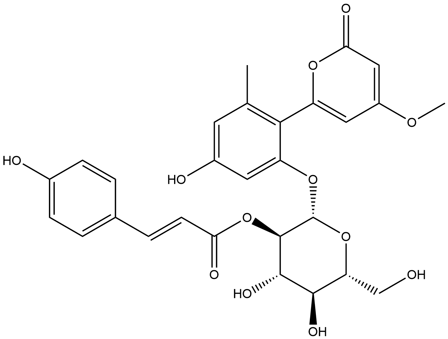 2H-Pyran-2-one, 6-[4-hydroxy-2-[[2-O-[(2E)-3-(4-hydroxyphenyl)-1-oxo-2-propen-1-yl]-β-D-glucopyranosyl]oxy]-6-methylphenyl]-4-methoxy- Struktur