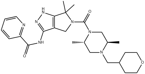 2-Pyridinecarboxamide, N-[5-[[(2S,5R)-2,5-dimethyl-4-[(tetrahydro-2H-pyran-4-yl)methyl]-1-piperazinyl]carbonyl]-1,4,5,6-tetrahydro-6,6-dimethylpyrrolo[3,4-c]pyrazol-3-yl]- Struktur