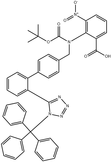 Benzoic acid, 2-[[(1,1-dimethylethoxy)carbonyl][[2'-[1-(triphenylmethyl)-1H-tetrazol-5-yl][1,1'-biphenyl]-4-yl]methyl]amino]-3-nitro- Struktur