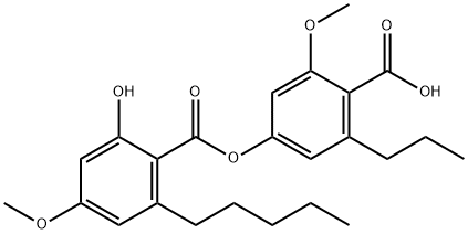 Benzoic acid, 2-hydroxy-4-methoxy-6-pentyl-, 4-carboxy-3-methoxy-5-propylphenyl ester Struktur