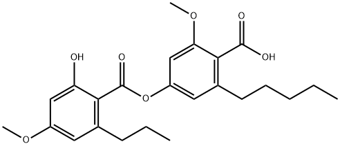 Benzoic acid, 2-hydroxy-4-methoxy-6-propyl-, 4-carboxy-3-methoxy-5-pentylphenyl ester Struktur