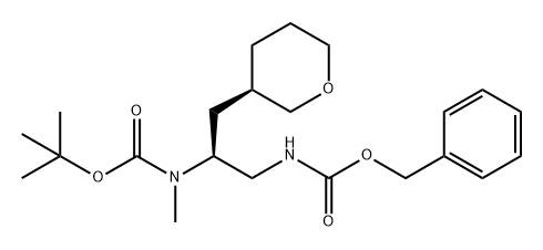 Carbamic acid, N-methyl-N-[(1S)-1-[[[(phenylmethoxy)carbonyl]amino]methyl]-2-[(3R)-tetrahydro-2H-pyran-3-yl]ethyl]-, 1,1-dimethylethyl ester Struktur